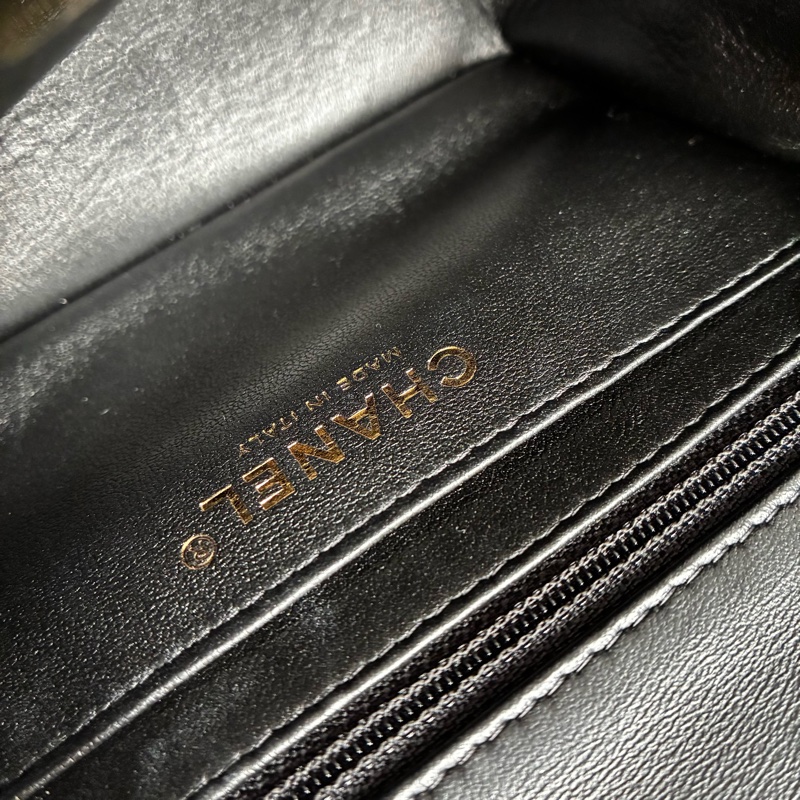 chanel A35200黑色羊皮菱格紋淡金雙C方胖子 17公分-20