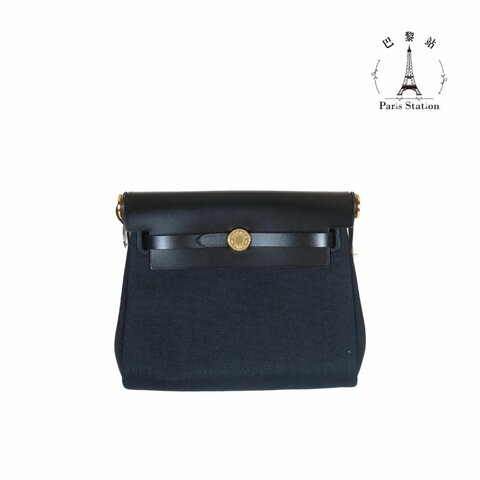 【巴黎站二手名牌專賣店】＊全新現貨＊HERMES 愛馬仕 真品＊K刻MINI HERBAG黑色帆布金釦斜背包