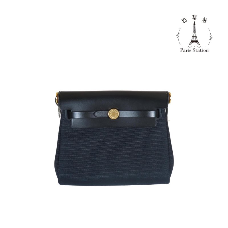 【巴黎站二手名牌專賣店】＊全新現貨＊HERMES 愛馬仕 真品＊K刻MINI HERBAG黑色帆布金釦斜背包-0