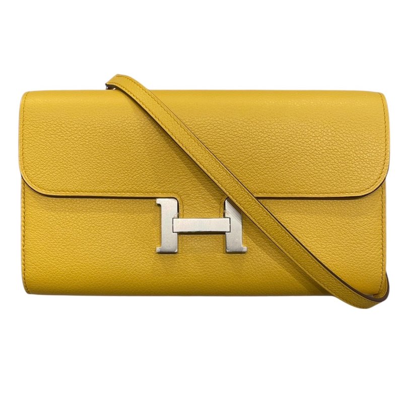 HERMES 愛馬仕 CONSTANCE TOGO 肩背長夾 EVERCOLOR 黃色 銀釦-0