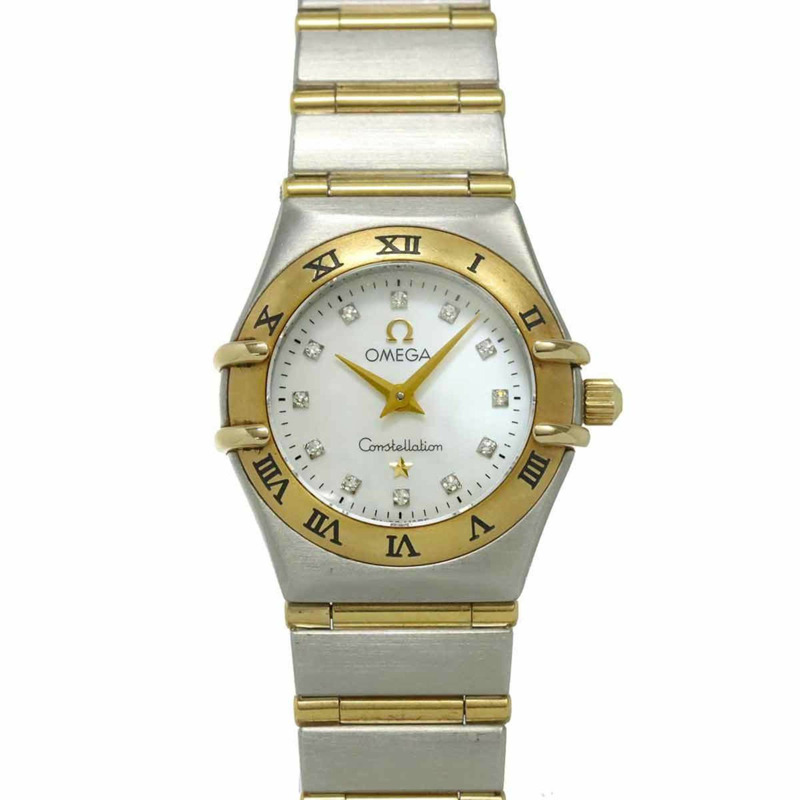 歐米茄星座系列迷你雙色1262 75女錶，鑲嵌12顆鑽石，白色錶殼，黃金石英機芯-0