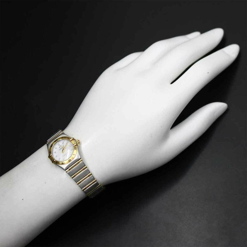 歐米茄星座系列迷你雙色1262 75女錶，鑲嵌12顆鑽石，白色錶殼，黃金石英機芯-3