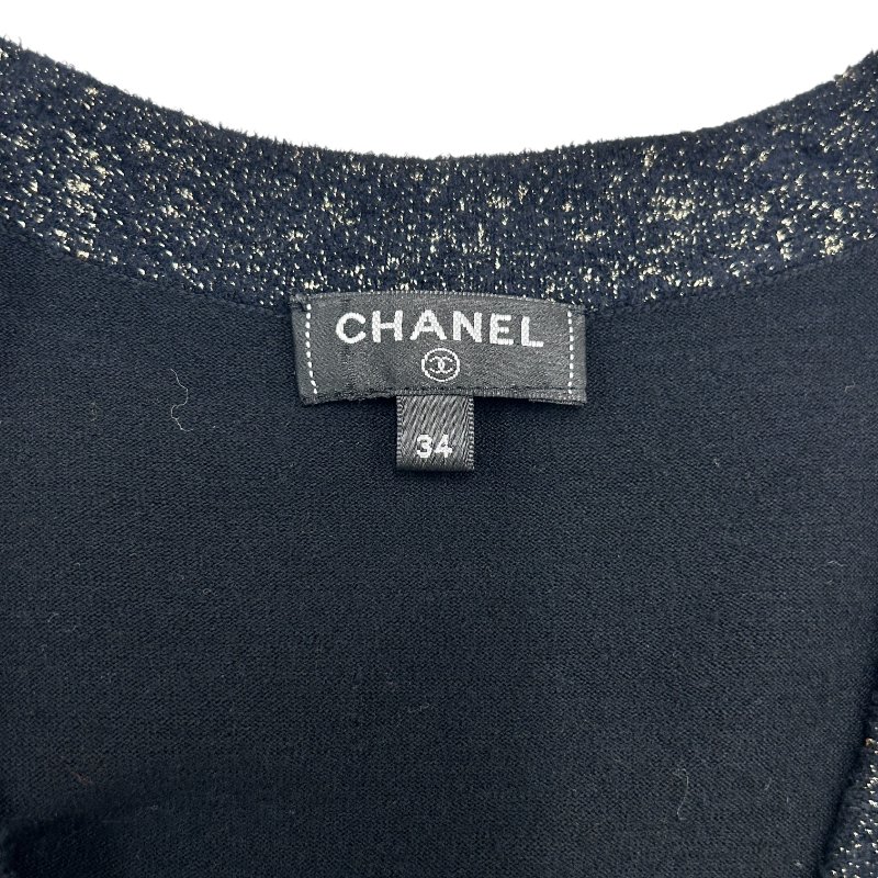 CHANEL 香奈兒 V領短袖針織洋裝 金蔥滾邊設計 羊毛材質 黑色 SIZE 34-2