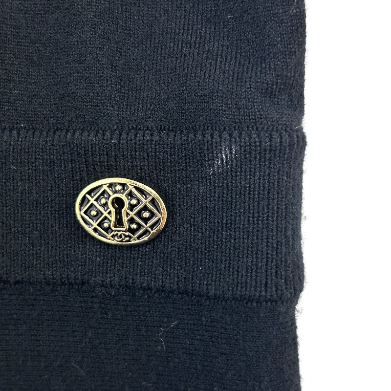 CHANEL 香奈兒 V領短袖針織洋裝 金蔥滾邊設計 羊毛材質 黑色 SIZE 34-5