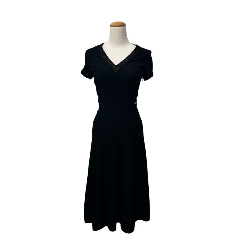 CHANEL 香奈兒 V領短袖針織洋裝 金蔥滾邊設計 羊毛材質 黑色 SIZE 34-7