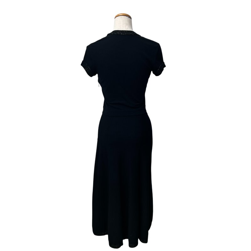 CHANEL 香奈兒 V領短袖針織洋裝 金蔥滾邊設計 羊毛材質 黑色 SIZE 34-8