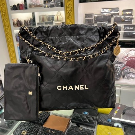東區正精品㊣CHANEL 22 BAG AS3261 全新熊貓配色香奈兒黑色全皮米色字金幣金鍊肩背包購物袋包中款 RZ6211-0