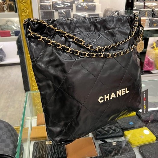 東區正精品㊣CHANEL 22 BAG AS3261 全新熊貓配色香奈兒黑色全皮米色字金幣金鍊肩背包購物袋包中款 RZ6211-1