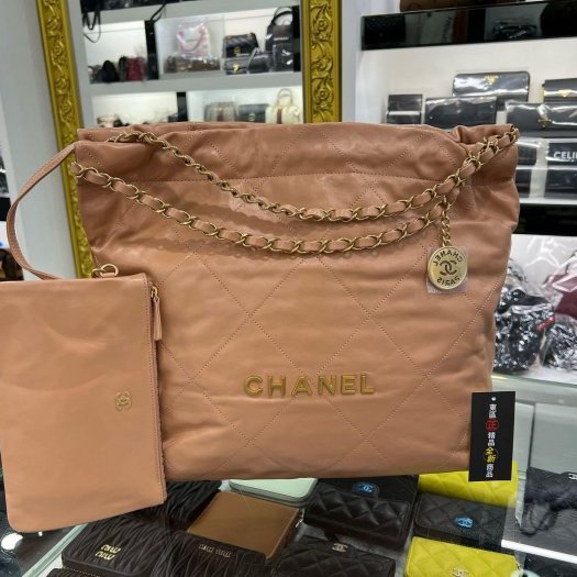 東區正精品㊣CHANEL 22 BAG AS3261 近全新香奈兒粉棕色全皮字金幣金鍊肩背包購物袋包中款 RZ6212-0