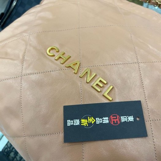 東區正精品㊣CHANEL 22 BAG AS3261 近全新香奈兒粉棕色全皮字金幣金鍊肩背包購物袋包中款 RZ6212-4