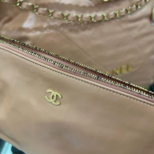 東區正精品㊣CHANEL 22 BAG AS3261 近全新香奈兒粉棕色全皮字金幣金鍊肩背包購物袋包中款 RZ6212-5