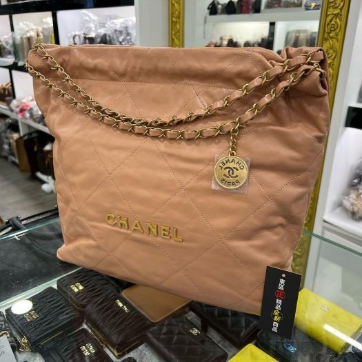 東區正精品㊣CHANEL 22 BAG AS3261 近全新香奈兒粉棕色全皮字金幣金鍊肩背包購物袋包中款 RZ6212-9