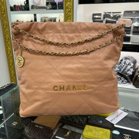 東區正精品㊣CHANEL 22 BAG AS3261 香奈兒粉棕色全皮字金幣金鍊肩背包購物袋包中款 RZ6212