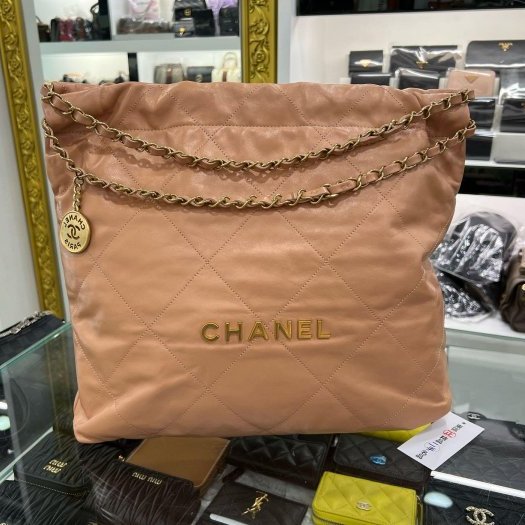 東區正精品㊣CHANEL 22 BAG AS3261 香奈兒粉棕色全皮字金幣金鍊肩背包購物袋包中款 RZ6212-0