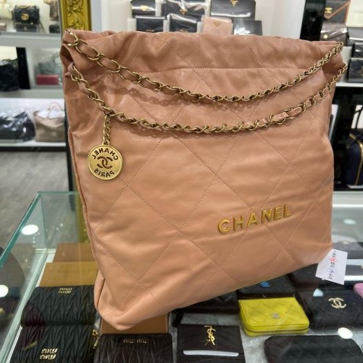 東區正精品㊣CHANEL 22 BAG AS3261 香奈兒粉棕色全皮字金幣金鍊肩背包購物袋包中款 RZ6212-1