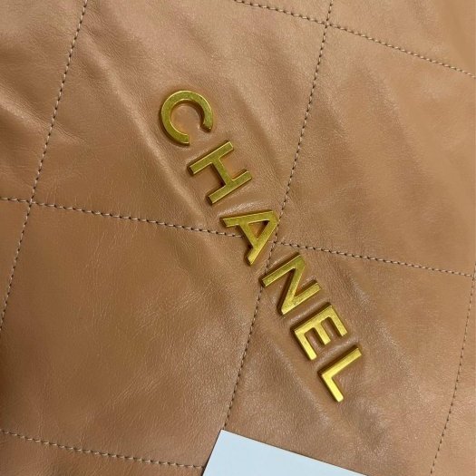 東區正精品㊣CHANEL 22 BAG AS3261 香奈兒粉棕色全皮字金幣金鍊肩背包購物袋包中款 RZ6212-9