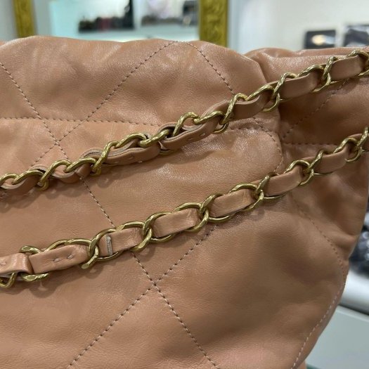 東區正精品㊣CHANEL 22 BAG AS3261 香奈兒粉棕色全皮字金幣金鍊肩背包購物袋包中款 RZ6212-10