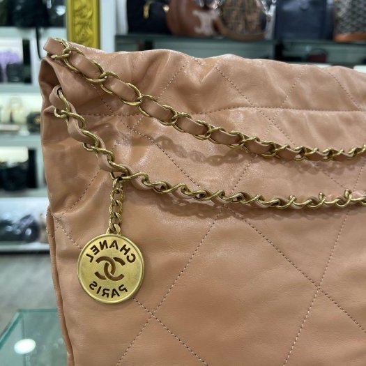 東區正精品㊣CHANEL 22 BAG AS3261 香奈兒粉棕色全皮字金幣金鍊肩背包購物袋包中款 RZ6212-12