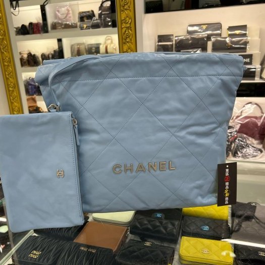 東區正精品㊣CHANEL 22 BAG AS3260 全新香奈兒水藍色全皮銀字銀幣銀鍊肩背包購物袋包小款 RZ6213-0