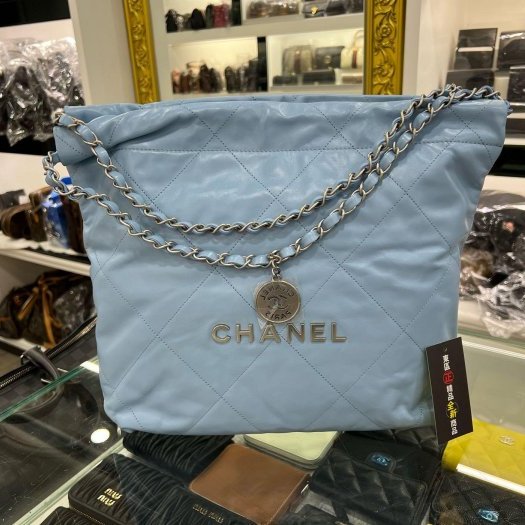 東區正精品㊣CHANEL 22 BAG AS3260 全新香奈兒水藍色全皮銀字銀幣銀鍊肩背包購物袋包小款 RZ6213-1
