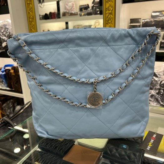 東區正精品㊣CHANEL 22 BAG AS3260 全新香奈兒水藍色全皮銀字銀幣銀鍊肩背包購物袋包小款 RZ6213-7