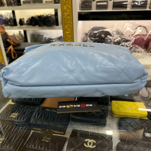 東區正精品㊣CHANEL 22 BAG AS3260 全新香奈兒水藍色全皮銀字銀幣銀鍊肩背包購物袋包小款 RZ6213-8