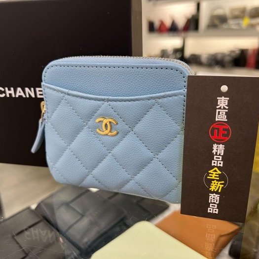東區正精品㊣CHANEL AP2061全新香奈兒水藍色荔枝牛皮金拉鍊卡片夾零錢包 RZ6215-0