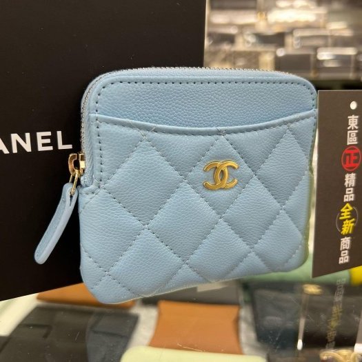 東區正精品㊣CHANEL AP2061全新香奈兒水藍色荔枝牛皮金拉鍊卡片夾零錢包 RZ6215-1