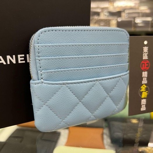 東區正精品㊣CHANEL AP2061全新香奈兒水藍色荔枝牛皮金拉鍊卡片夾零錢包 RZ6215-4