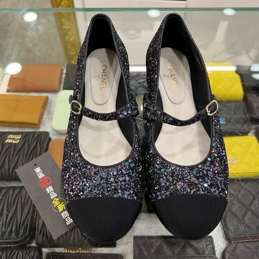 東區正精品㊣CHANEL G38896 全新未使用香奈兒黑紫色亮片瑪莉珍娃娃鞋平底鞋秀款 37.5號 RZ6220-0