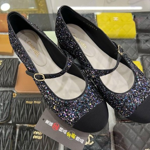 東區正精品㊣CHANEL G38896 全新未使用香奈兒黑紫色亮片瑪莉珍娃娃鞋平底鞋秀款 37.5號 RZ6220-1