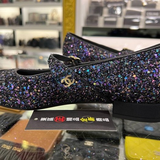 東區正精品㊣CHANEL G38896 全新未使用香奈兒黑紫色亮片瑪莉珍娃娃鞋平底鞋秀款 37.5號 RZ6220-2
