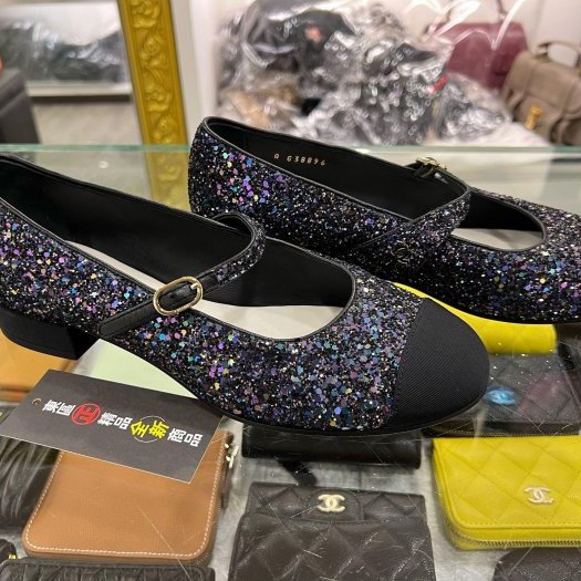 東區正精品㊣CHANEL G38896 全新未使用香奈兒黑紫色亮片瑪莉珍娃娃鞋平底鞋秀款 37.5號 RZ6220-3