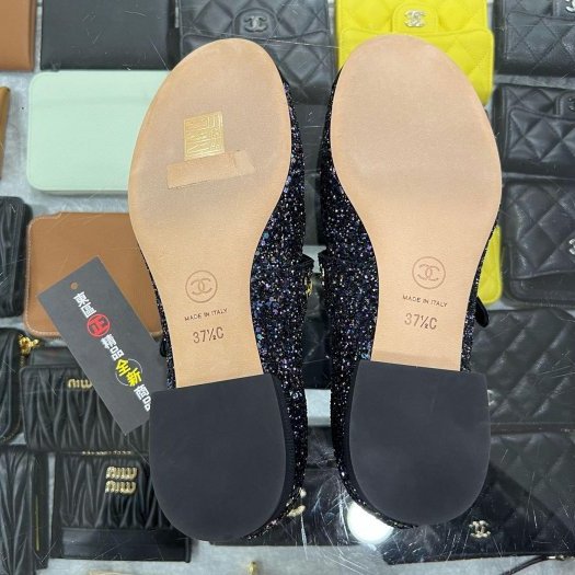 東區正精品㊣CHANEL G38896 全新未使用香奈兒黑紫色亮片瑪莉珍娃娃鞋平底鞋秀款 37.5號 RZ6220-4