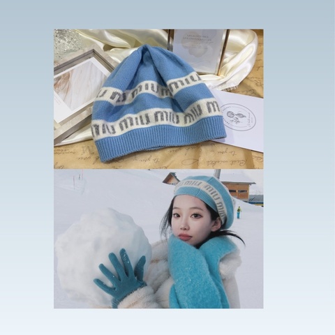 MIUMIU 5HC260 淺藍色針織帽/貝雷帽 羊絨混紡