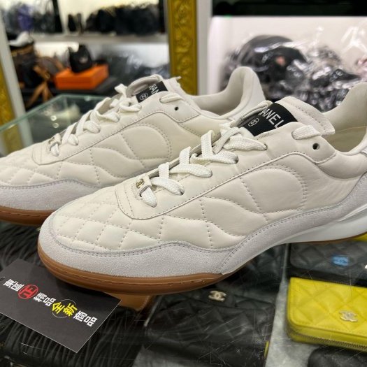 東區正精品㊣CHANEL G45355 全新香奈兒米色菱格紋布面拼麂皮小牛皮金色雙C膠底休閒鞋運動鞋球鞋 38號 RZ6222-2