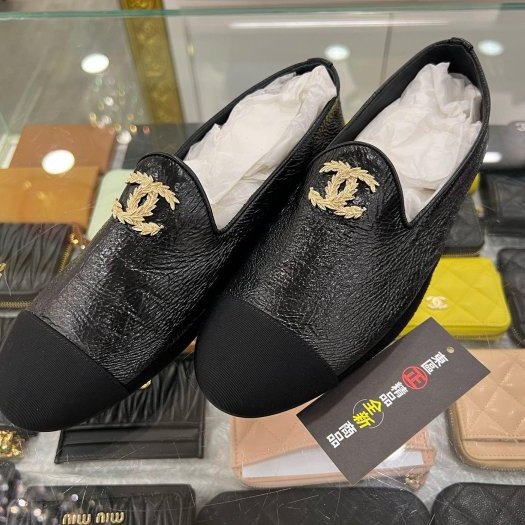 東區正精品㊣CHANEL G39318 全新香奈兒黑色全皮金色雙C logo 樂福鞋娃娃鞋平底鞋 37號 RZ5870-2