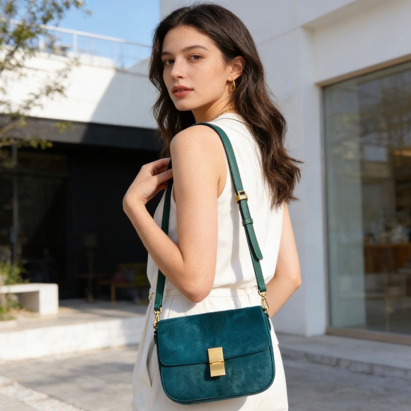 Celine Box豆腐包中號綠色金扣 馬毛23*18*5  99新配件塵袋-0