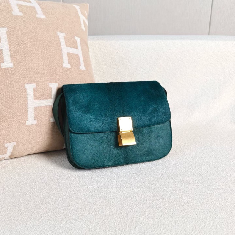 Celine Box豆腐包中號綠色金扣 馬毛23*18*5  99新配件塵袋-6