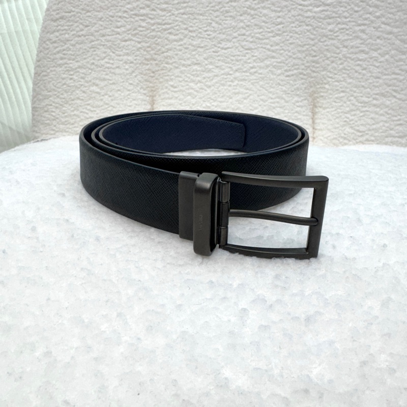 普拉達簡約皮帶PRADA黑拚藍雙面轉釦皮帶-1