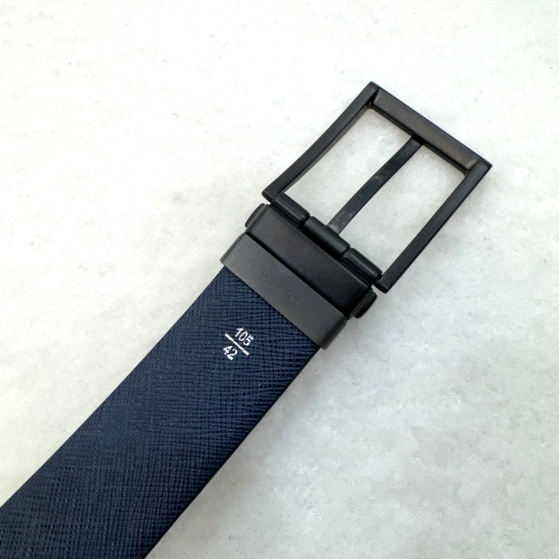 普拉達簡約皮帶PRADA黑拚藍雙面轉釦皮帶-2