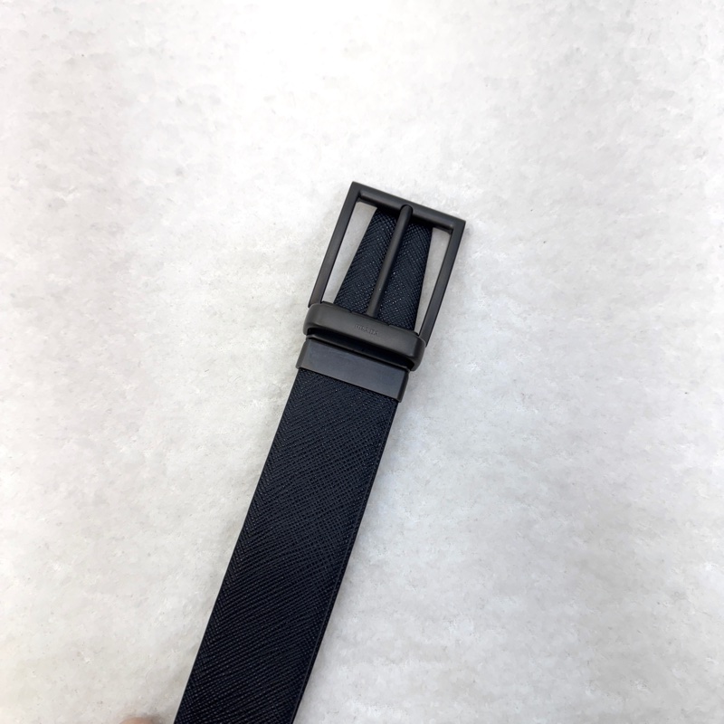 普拉達簡約皮帶PRADA黑拚藍雙面轉釦皮帶-3