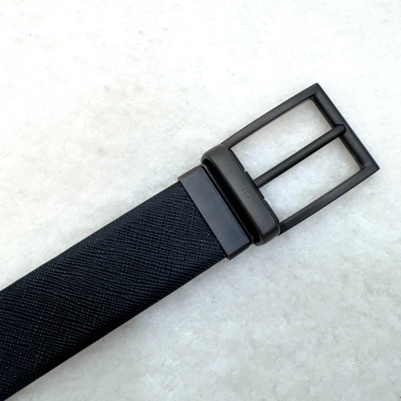 普拉達簡約皮帶PRADA黑拚藍雙面轉釦皮帶-6