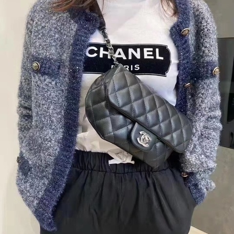 Chanel 元寶腰包 黑銀 羊皮22*14 全新閒置配件塵袋