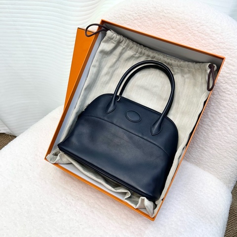 愛馬仕保齡球包27HERMES靛藍色Swift皮銀釦保齡球包 BOLIDE 27 76 BLUE INDIGO