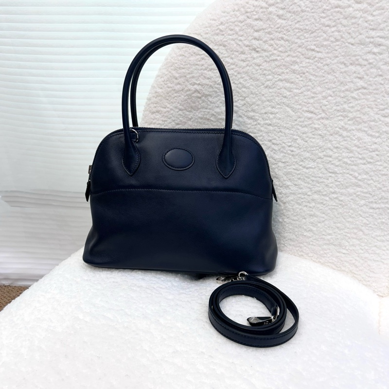愛馬仕保齡球包27HERMES靛藍色Swift皮銀釦保齡球包 BOLIDE 27 76 BLUE INDIGO-1