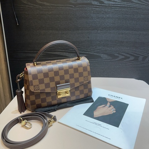 LV 咖棋盤格金釦Croisette下蓋手提斜背包