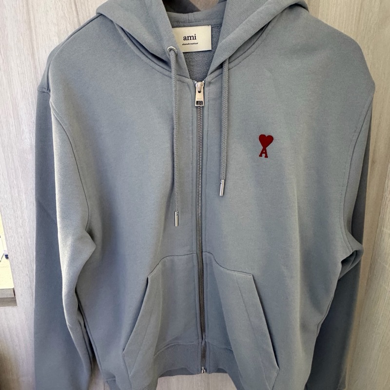 Ami 灰藍色 紅色愛心刺繡 連帽外套S號-0