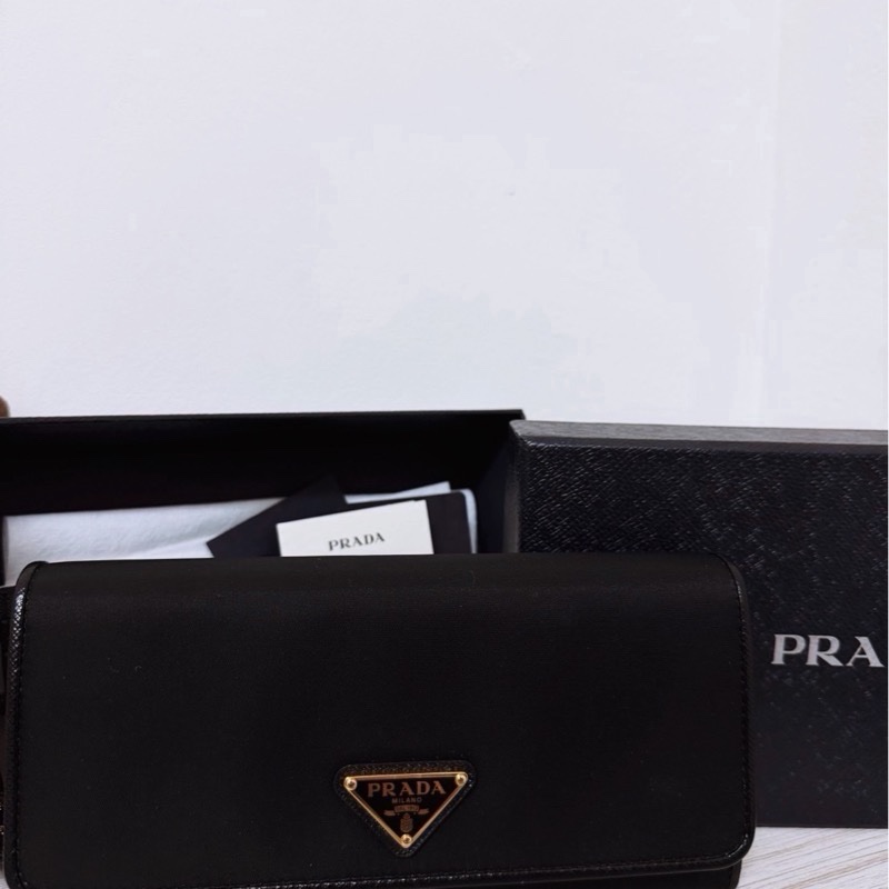 PRADA 經典三角LOGO 尼龍防刮牛皮拼接扣式長夾-3
