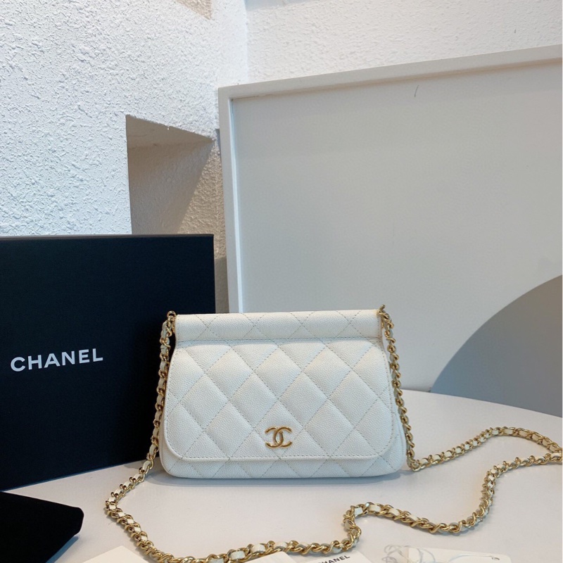 【99%新✨大全套✨平台最低價】Chanel 22k白色貝殼包 22k 白色金扣 荔枝牛皮 貝殼包 鏈條包 芯片款-1